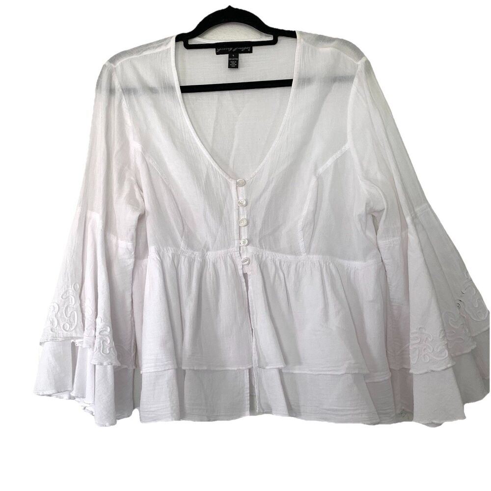 Gretty Zueger Womens Large Shirt Crop Bell Sleeve White Embroidery Festival Boho